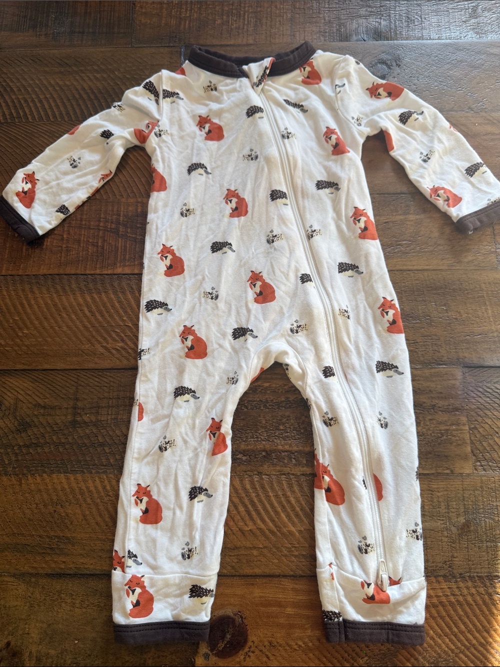 Kyte BABY Cream Fox Print One-Piece Footie with Brown Trim
